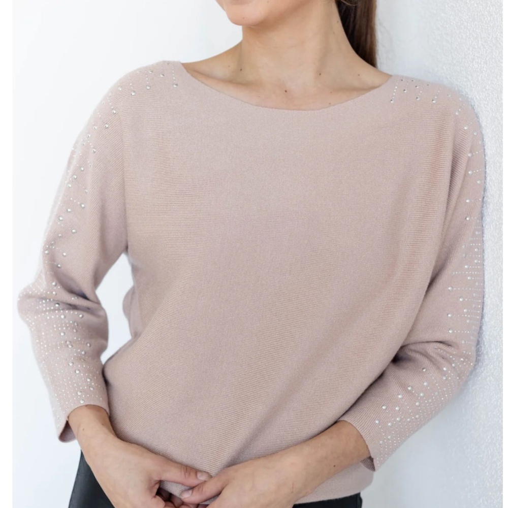 LIV Milano Taupe Boat Neck Dolman Sleeve Ribbed With Studs Detail Sweater L EUC
